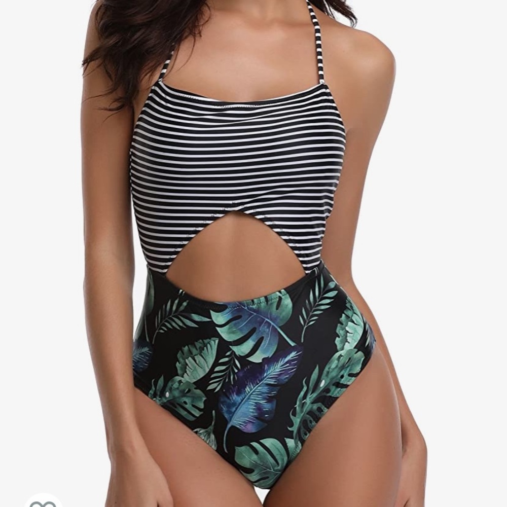 One Piece Halter Striped Tropical Print Swimsuit